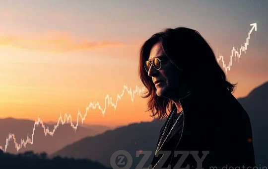 Digital artwork depicting Ozzy Osbourne amidst a surging OZZY memecoin chart, symbolizing his enduring crypto legacy.