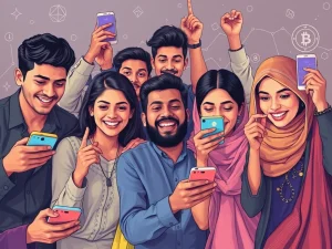 Young Pakistani individuals engaging with smartphones, symbolizing the phenomenal Bitcoin adoption Pakistan is experiencing, leading to a surge in crypto wallets.