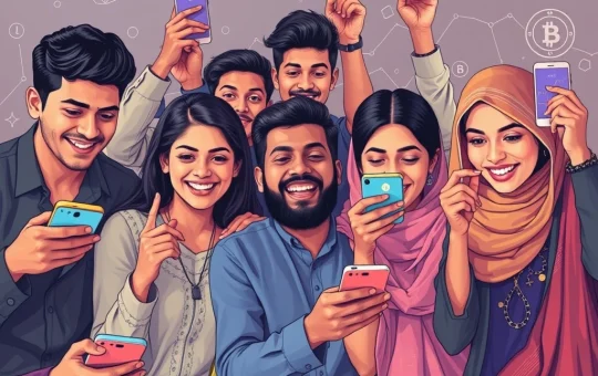 Young Pakistani individuals engaging with smartphones, symbolizing the phenomenal Bitcoin adoption Pakistan is experiencing, leading to a surge in crypto wallets.