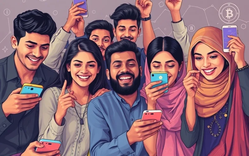 Young Pakistani individuals engaging with smartphones, symbolizing the phenomenal Bitcoin adoption Pakistan is experiencing, leading to a surge in crypto wallets.