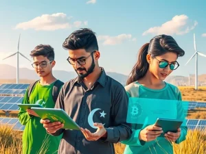 Young Pakistanis leveraging abundant energy for Bitcoin adoption, symbolizing the nation's growing crypto potential.