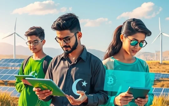 Young Pakistanis leveraging abundant energy for Bitcoin adoption, symbolizing the nation's growing crypto potential.