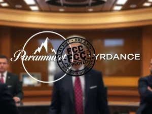 Depiction of the FCC approving the Paramount Skydance Merger, symbolizing a shift in the entertainment industry.