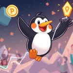 A PENGU token character soaring on a crypto chart, representing its remarkable price surge and community-driven growth.