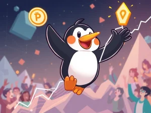 A PENGU token character soaring on a crypto chart, representing its remarkable price surge and community-driven growth.