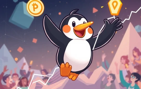 A PENGU token character soaring on a crypto chart, representing its remarkable price surge and community-driven growth.