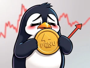PENGU token price drop illustrated with a distressed penguin and red chart