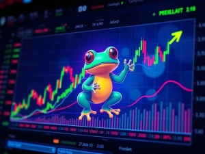 A digital chart showing Pepe price analysis with bearish indicators and support levels, indicating critical market trends.