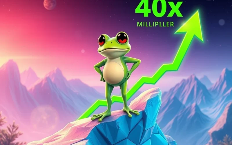 PEPE crypto frog confidently stands on a rising price chart, symbolizing bullish momentum and a potential 40x surge.