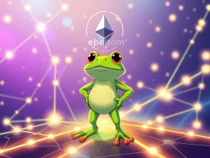 Pepeto meme coin's frog mascot overseeing a revolutionary zero-fee trading platform and cross-chain bridge built on Ethereum.