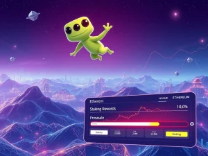 Pepeto presale success: A digital frog character representing the Ethereum meme coin, surrounded by rising crypto charts and a decentralized trading platform, symbolizing high staking rewards.