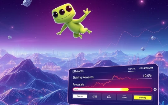 Pepeto presale success: A digital frog character representing the Ethereum meme coin, surrounded by rising crypto charts and a decentralized trading platform, symbolizing high staking rewards.