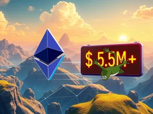 A frog meme coin character celebrating a successful $5.5M PEPETO Presale on the Ethereum blockchain, symbolizing growth and innovation.