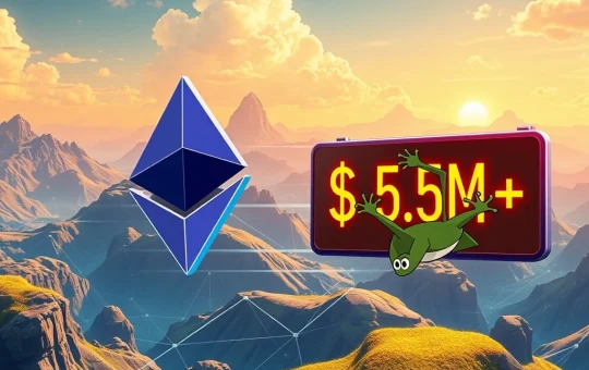A frog meme coin character celebrating a successful $5.5M PEPETO Presale on the Ethereum blockchain, symbolizing growth and innovation.