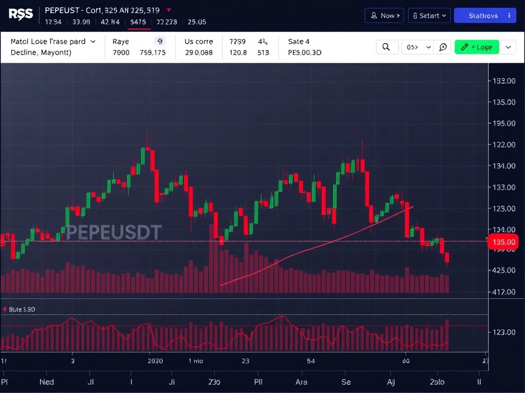 PEPEUSDT trading chart showing bearish trends and key support levels for crypto traders.