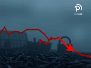 A downward trending chart with a red arrow, illustrating the Pi Network price decline due to market pressures.