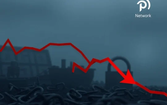 A downward trending chart with a red arrow, illustrating the Pi Network price decline due to market pressures.