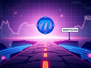 Pi Network logo at a crossroads, symbolizing the urgent need for Pi Network to prove its utility amidst market pressure.