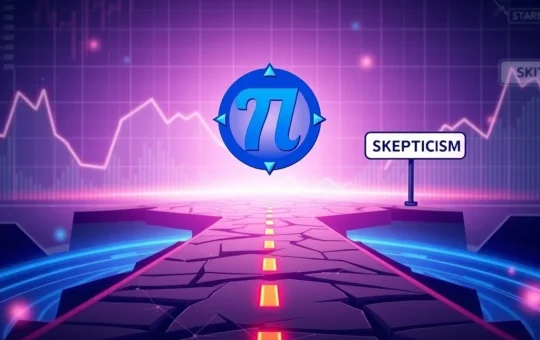 Pi Network logo at a crossroads, symbolizing the urgent need for Pi Network to prove its utility amidst market pressure.