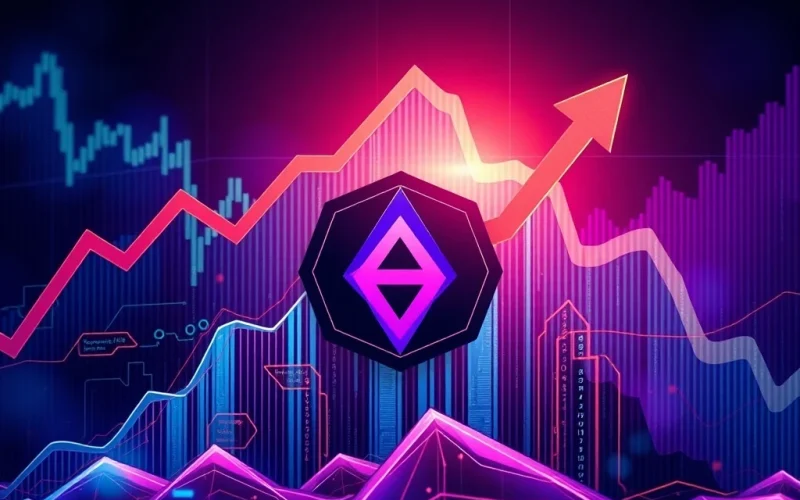 A visual representation of the PIVX price surge, depicting rapid growth on a digital chart alongside blockchain technology symbols.