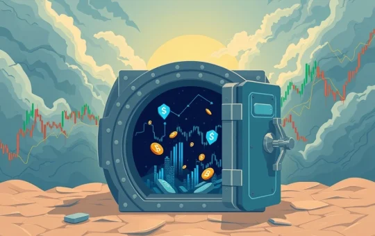 Pixel Vault logo within a fractured digital vault, symbolizing its challenging sale amidst the turbulent NFT market.