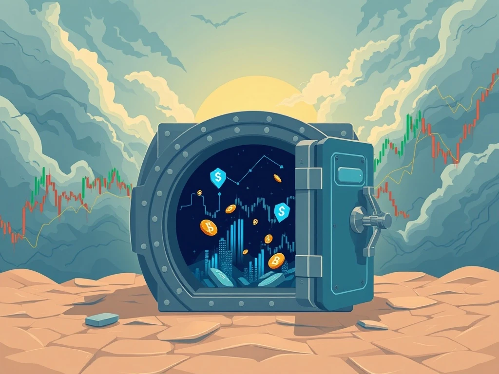 Pixel Vault logo within a fractured digital vault, symbolizing its challenging sale amidst the turbulent NFT market.
