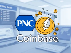 PNC Bank and Coinbase logos intertwined, representing their groundbreaking partnership for PNC crypto services.