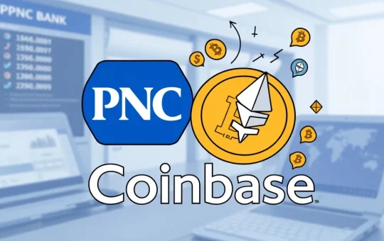 PNC Bank and Coinbase logos intertwined, representing their groundbreaking partnership for PNC crypto services.