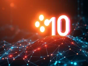 Polkadot's DOT token ascending towards a $10 target, symbolizing its potential growth driven by new tech upgrades and treasury initiatives.