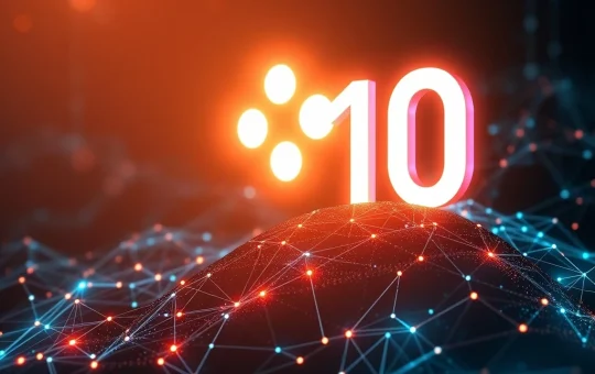 Polkadot's DOT token ascending towards a $10 target, symbolizing its potential growth driven by new tech upgrades and treasury initiatives.