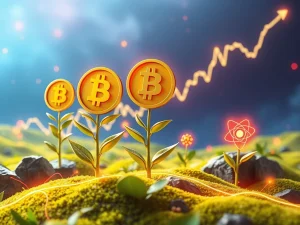Digital representations of Binance Coin, Polkadot, and Cosmos symbols intertwining, signifying their strong position as top Polkadot news staking candidates for 2025.