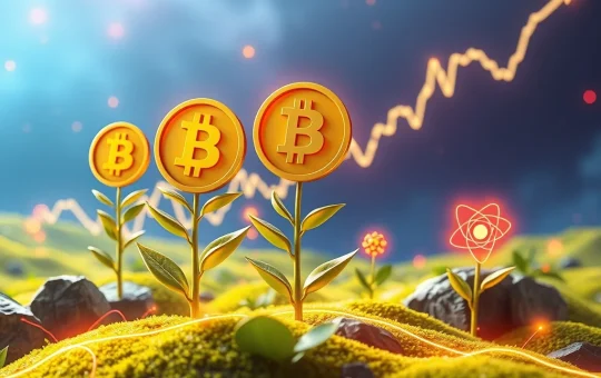 Digital representations of Binance Coin, Polkadot, and Cosmos symbols intertwining, signifying their strong position as top Polkadot news staking candidates for 2025.