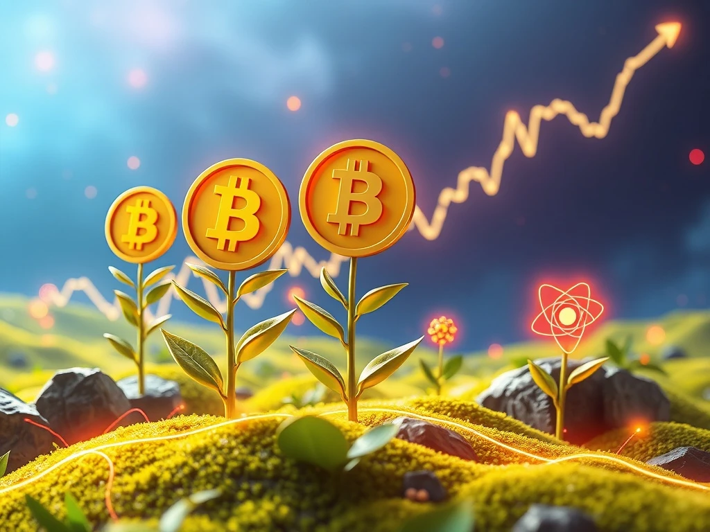 Digital representations of Binance Coin, Polkadot, and Cosmos symbols intertwining, signifying their strong position as top Polkadot news staking candidates for 2025.