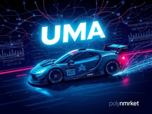 A digital race car on a blockchain track, symbolizing a Polymarket NASCAR bet caught in a $60K dispute involving a decentralized oracle.