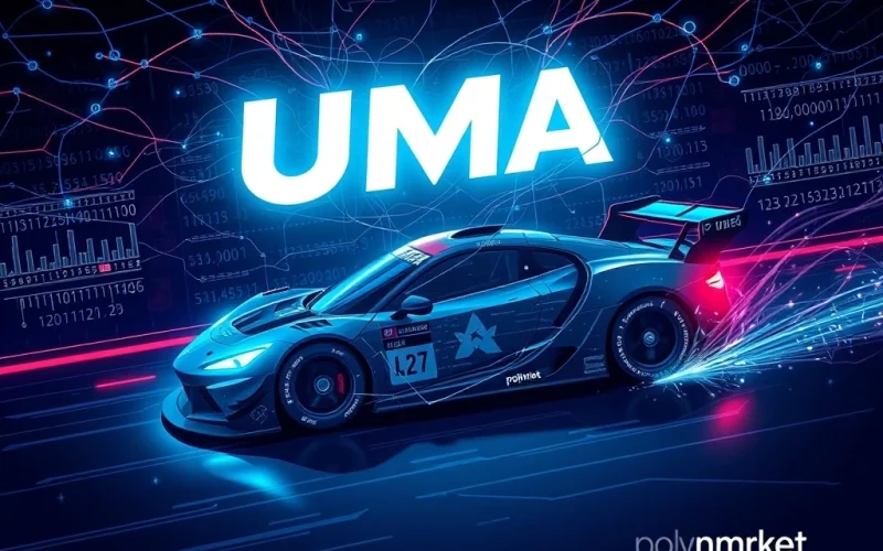 A digital race car on a blockchain track, symbolizing a Polymarket NASCAR bet caught in a $60K dispute involving a decentralized oracle.
