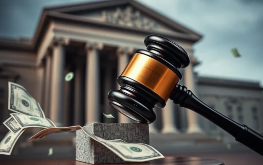 A gavel striking a sound block in front of a bank building, symbolizing a major Ponzi scheme lawsuit against financial institutions.