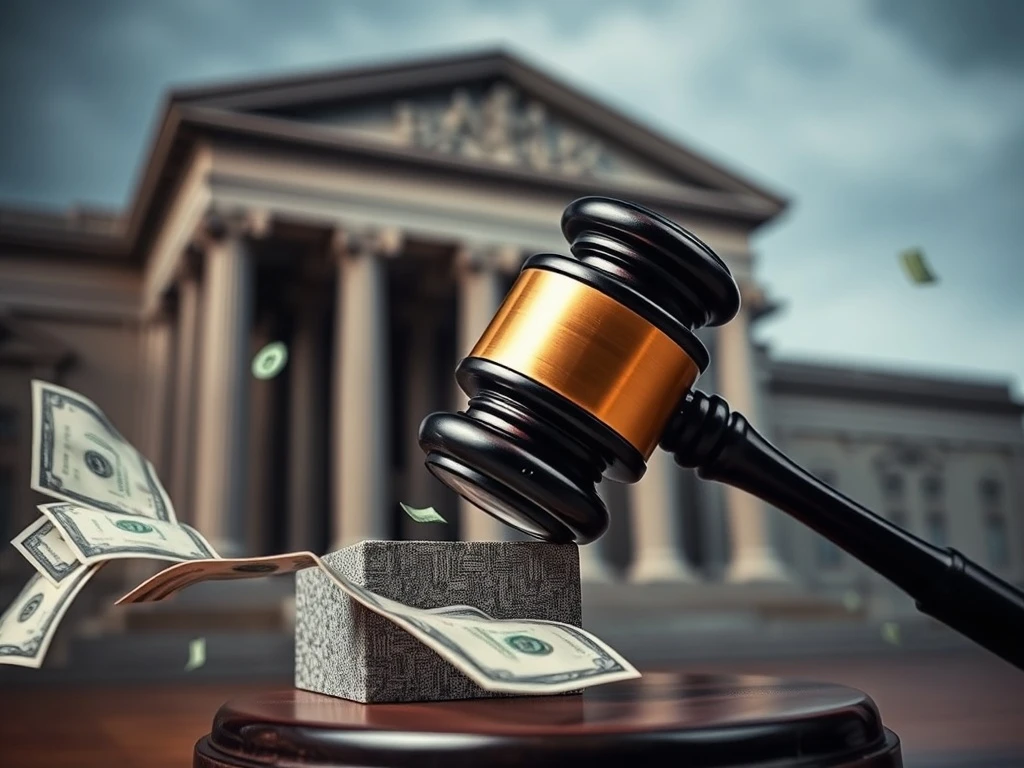 A gavel striking a sound block in front of a bank building, symbolizing a major Ponzi scheme lawsuit against financial institutions.