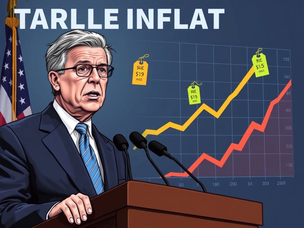 Jerome Powell discussing the impact of tariffs on core inflation with economic charts