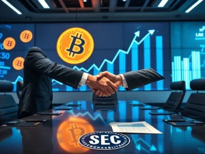 Executives shaking hands with Bitcoin symbols, representing the ProCap BTC merger and its aim for institutional Bitcoin integration with SEC oversight.