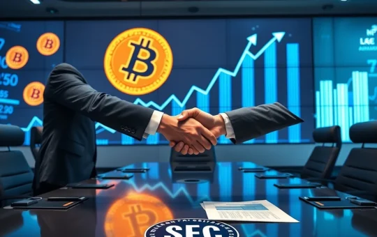 Executives shaking hands with Bitcoin symbols, representing the ProCap BTC merger and its aim for institutional Bitcoin integration with SEC oversight.