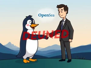 Pudgy Penguins mascot shaking hands with a corporate representative, symbolizing their focus on brand partnerships over OpenSea acquisition.