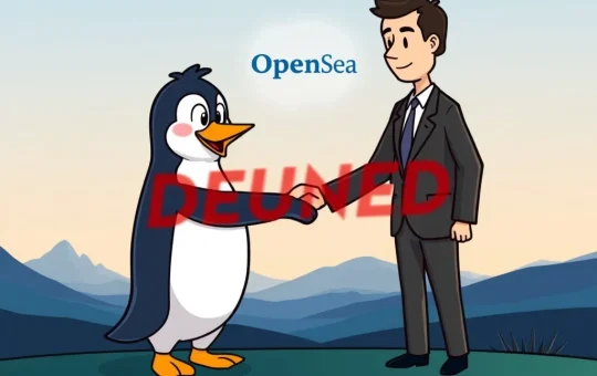 Pudgy Penguins mascot shaking hands with a corporate representative, symbolizing their focus on brand partnerships over OpenSea acquisition.