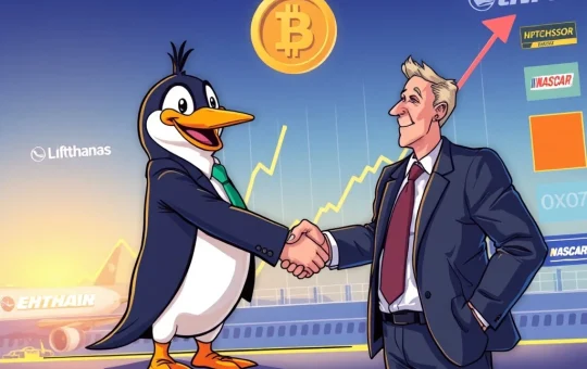 A Pudgy Penguin character shaking hands with a business person, symbolizing Pudgy Penguins' strategic brand partnerships and growth in the NFT market.