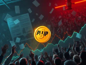 A digital graph showing the dramatic PUMP token plunge, surrounded by legal documents and anxious crypto investors.