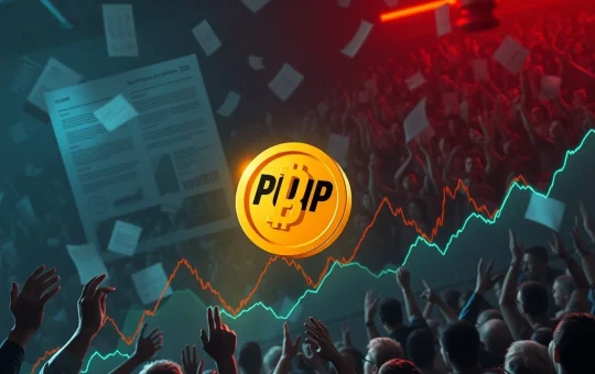 A digital graph showing the dramatic PUMP token plunge, surrounded by legal documents and anxious crypto investors.