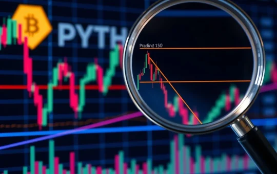 PYTH token price chart showing consolidation after a triangle breakout, highlighting crucial resistance and support levels for market analysis.