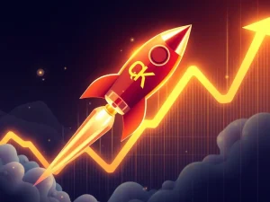 QKC token rocket soaring through financial charts showing explosive cryptocurrency surge