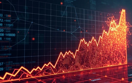 QKC surge graph showing massive price increase with blockchain technology backdrop