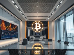 A Japanese AI firm's building facade with a large Bitcoin logo, symbolizing their historic $356M corporate Bitcoin investment.