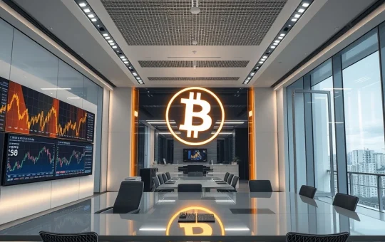 A Japanese AI firm's building facade with a large Bitcoin logo, symbolizing their historic $356M corporate Bitcoin investment.